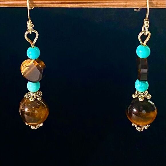 AJJ Sterling 1 3/4” Dangles with Tiger eye & Turquoue beads - Picture 4 of 7
